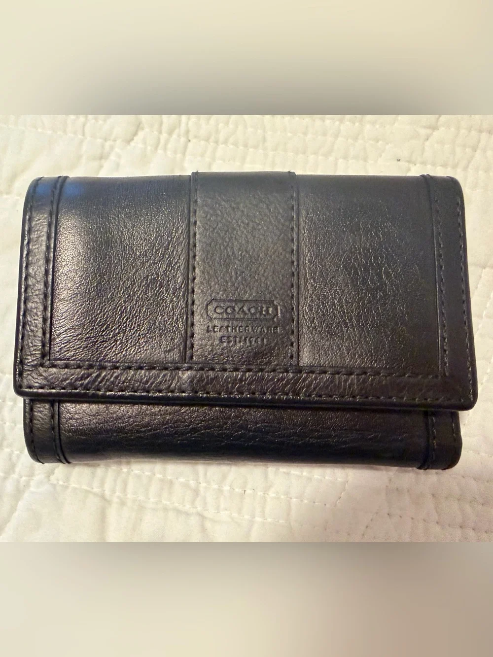 Coach Hampton Black Leather Trifold Wallet with Embossed Logo